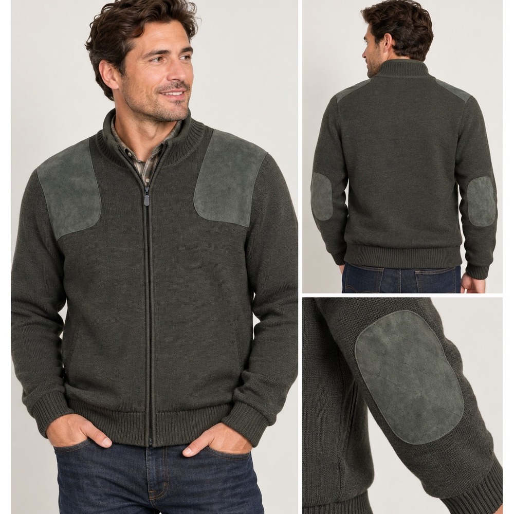 Orvis Merino Wool Full Zip Jacket Mens L Green Suede Shooting Patches Outdoor